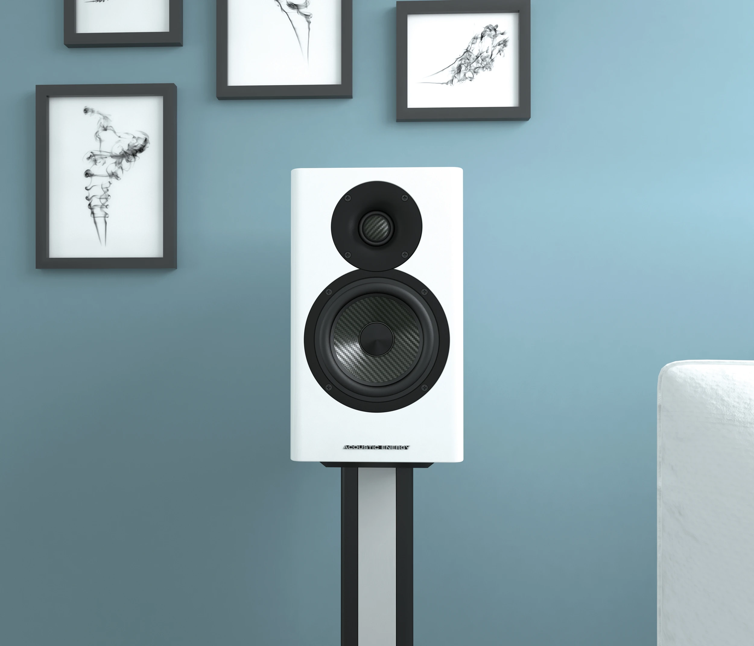 Acoustic Energy AE500 in Piano White against duck blue wall