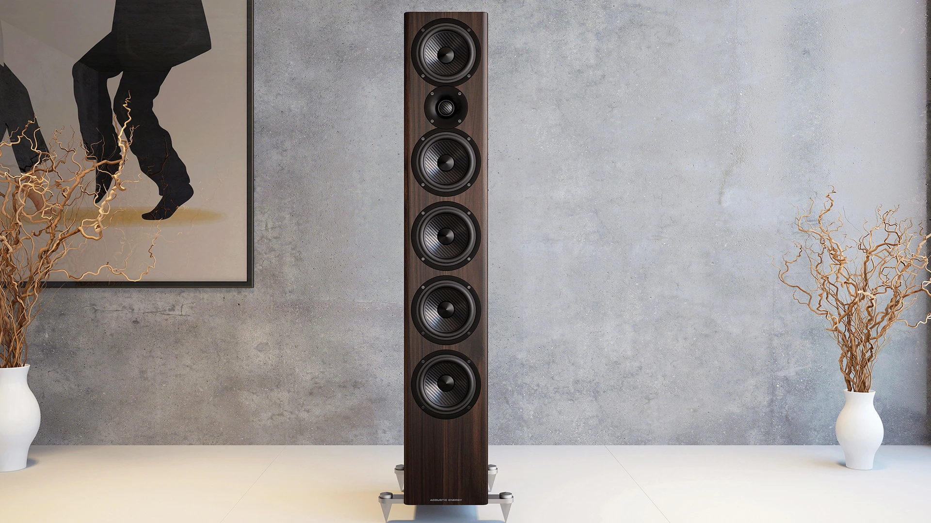 Acoustic Energy AE520 in American Walnut wood veneer lifestyle shot