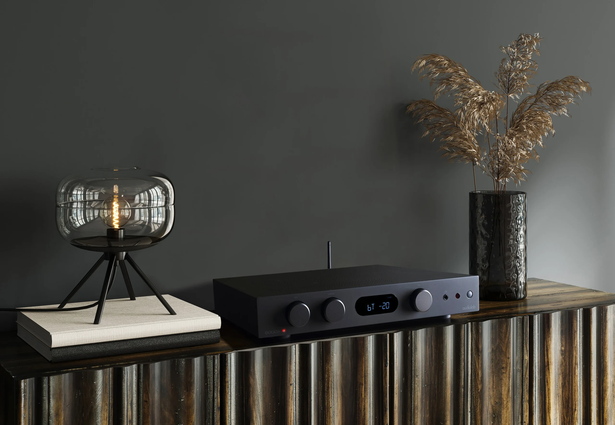 Audiolab A6000 MKII banner image on sideboard