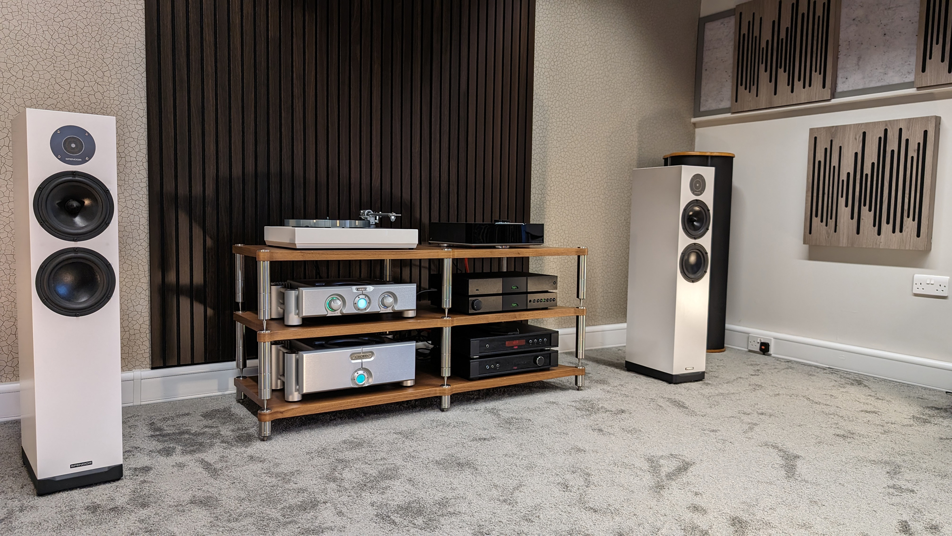 hifi roon at The Audiobarn, featuring silver carpet and hifi rack