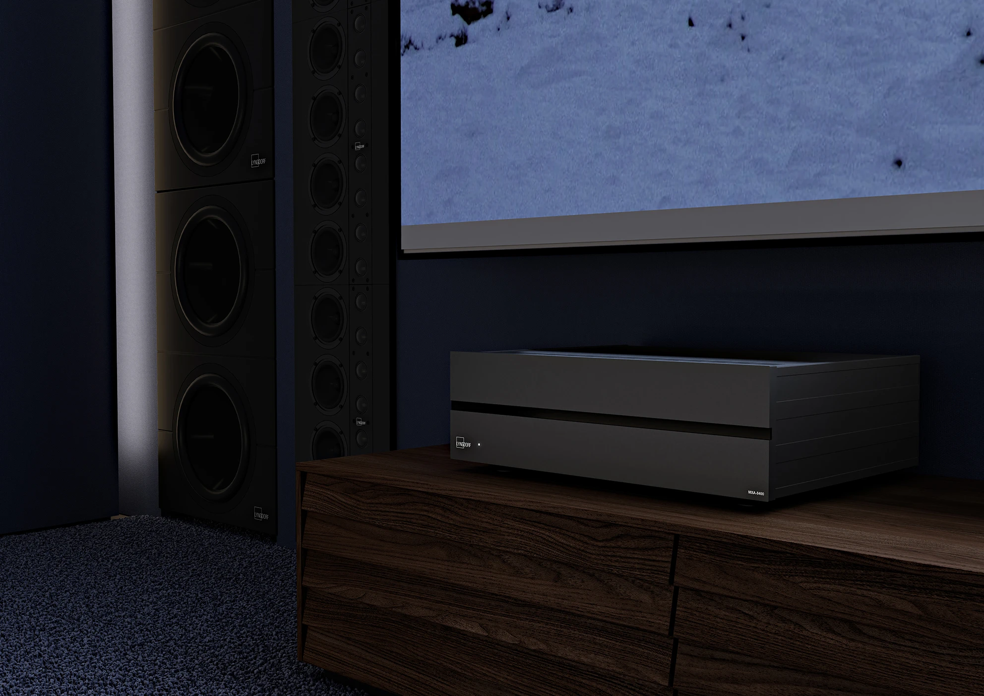 Lyngdorf MXA 8400 Multi channel amplifier lifestyle image in sideboard angled