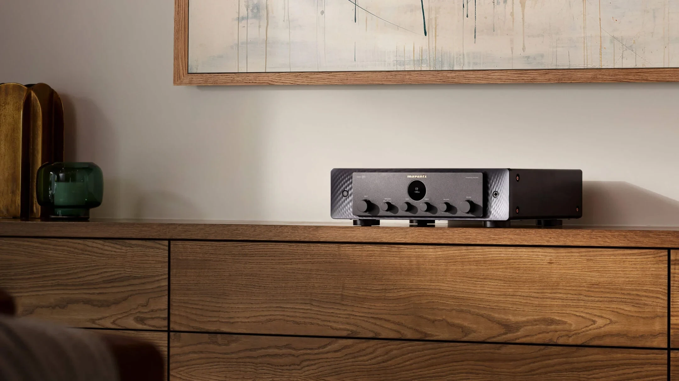 Marantz MODEL 50 Integrated Amplifier Lifestyle Banner on sideboard in Black