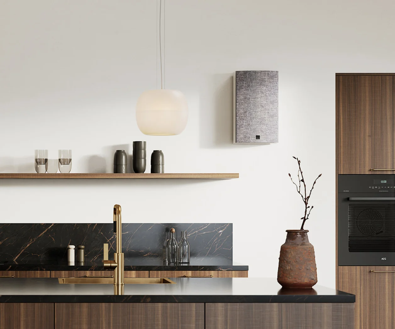 Dali Rubikore on-wall in white with grey grille. Pictured in a kitchen.