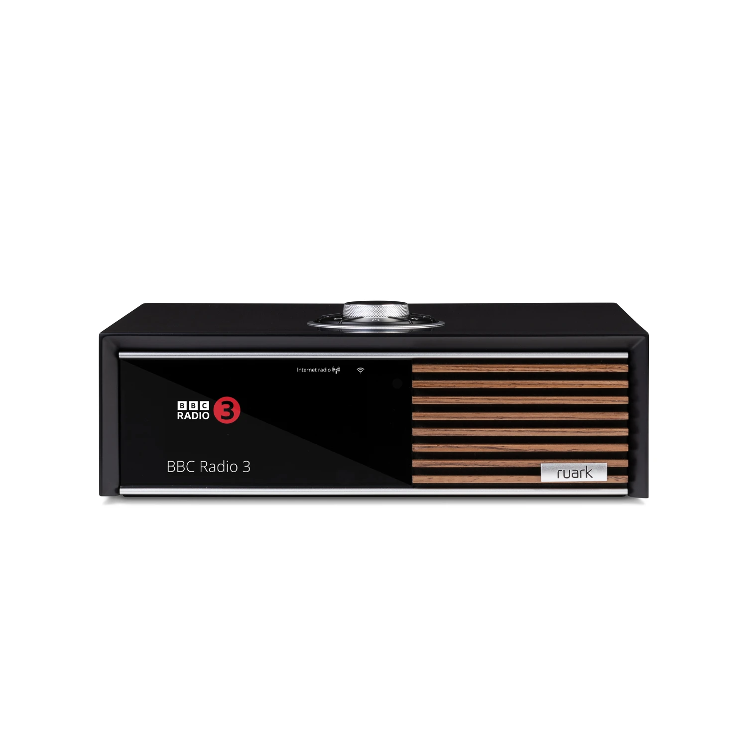 Ruark R610 Satin Charcoal lacquer cabinet with Walnut slat trim