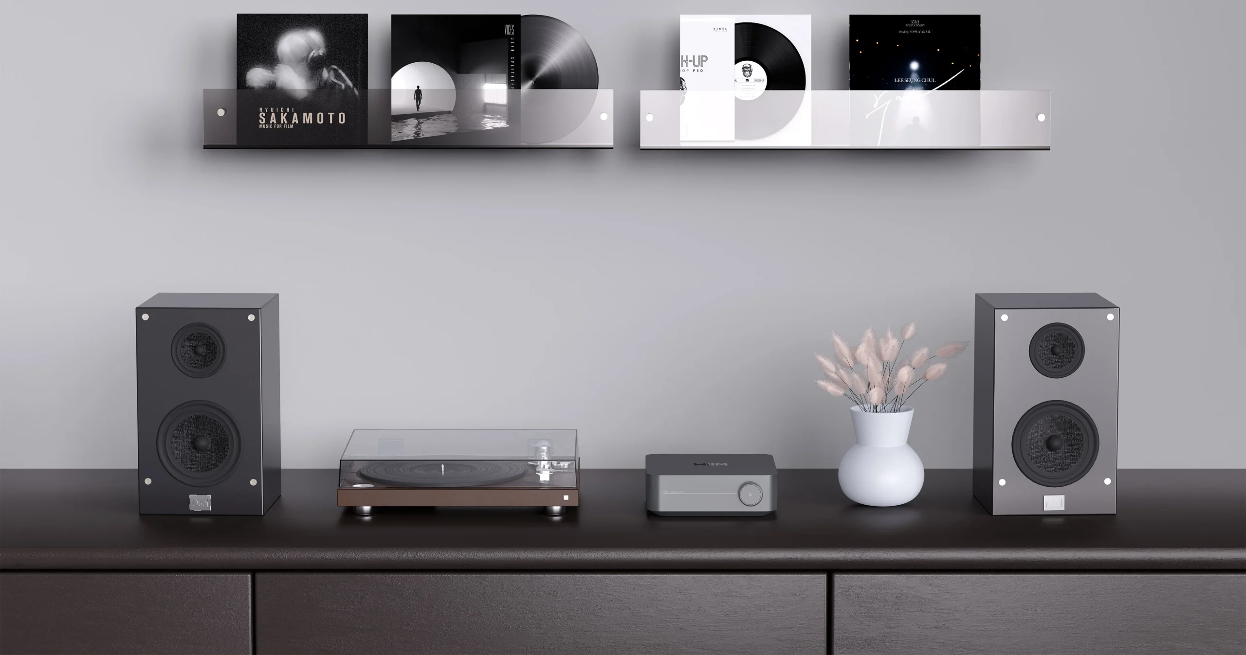 WiiM Amp Pro Lifestyle Photo on dark Sideboard