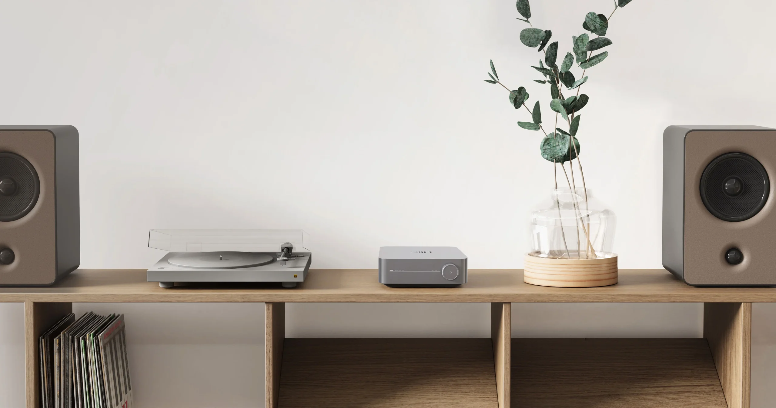 WiiM Amp Pro Lifestyle Photo on Oak Sideboard